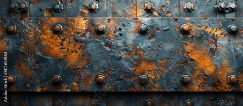 A detailed close-up of a weathered and corroded metal panel with visible rivets scattered across its surface