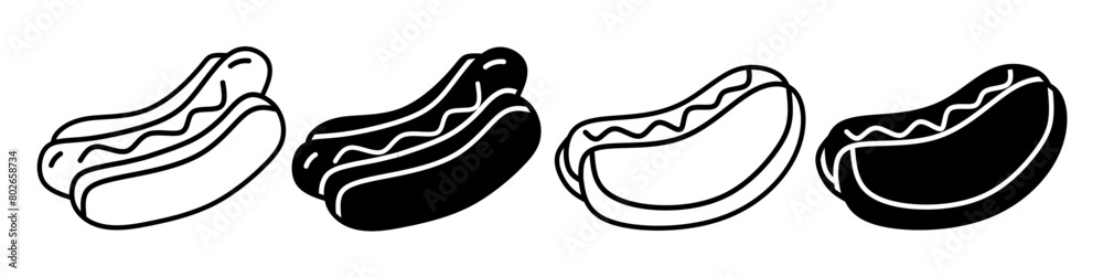Hot dog icon illustration on white background. Hot dog icon set for business. Stock vector. Hot dog icon illustration on white background. Hot dog icon set for business. Stock vector.
