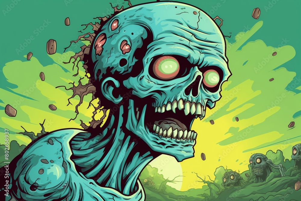 Detailed vector illustration of a zombie with exaggerated features, in a 2D comic style, suitable for childrens book illustrations
