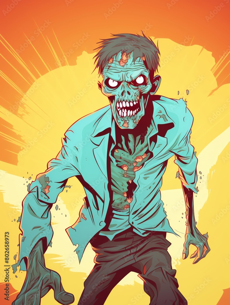 Digital artwork of a zombie in 2D style, engaging in a humorous activity, with bright background and ample copy space for text Digital artwork of a zombie in 2D style, engaging in a humorous activity, with bright background and ample copy space for text