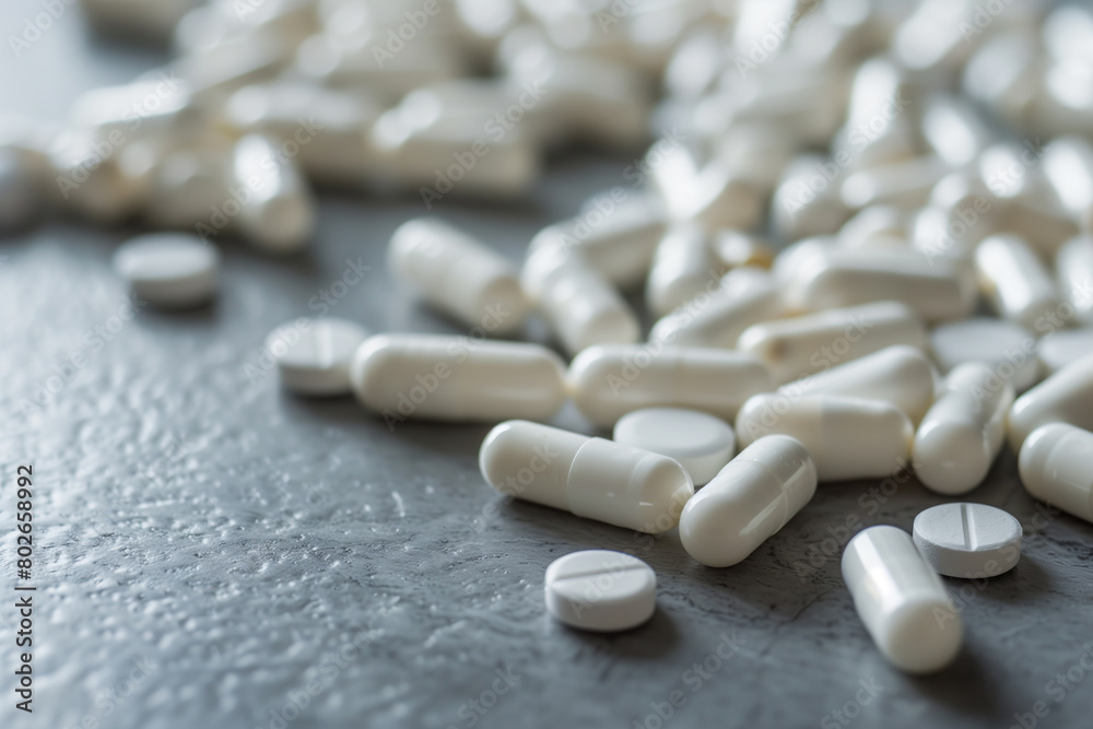 Close-up of scattered white tablets or capsules on a table, high-resolution with space for text or design.