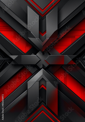 Symmetrical black and red background with metallic texture, geometric shapes, sharp edges, and light effects in modern style, creating an elegant atmosphere.