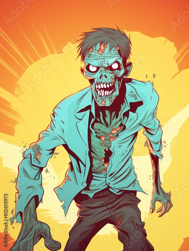 Digital artwork of a zombie in 2D vector style, engaging in a humorous activity, with bright background and ample copy space for text