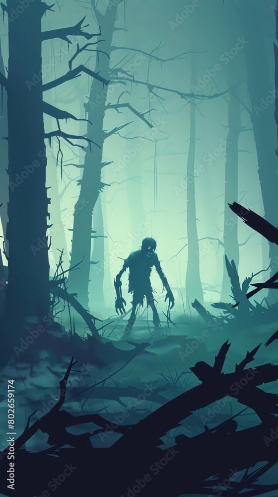Fototapeta premium Stylized graphic of a lone zombie with exaggerated features wandering through a misty forest, moody and atmospheric