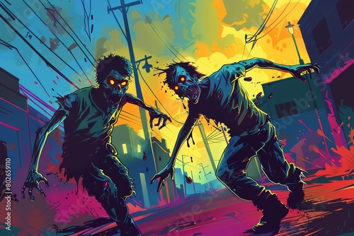 Highenergy zombie chase scene in 2D vector format, showcasing dynamic motion and vibrant colors, suitable for video game art and animations © Tonton54