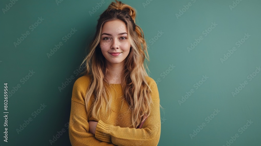Obraz premium portrait of a young woman with a pleasant smile and crossed arms on a green studio background with copyspace