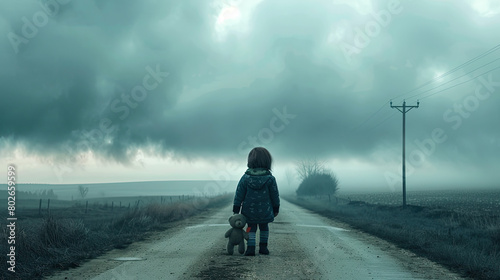a small girl  with a determined expression  she is walking down a desolate road  clutching a Teddy bear  under a heavy sky