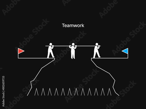 Simple Motivation graphic on dark background. Three man cross the cliff