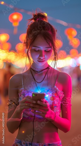 attractive beautiful European women using and texting on his smart phone mobile for service 5g digital communication and online social media city banner created by ai