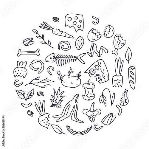 Vector illustration in the shape of a circle, organic waste, food compost garbage, hand-drawn in the style of doodles © Abundzu