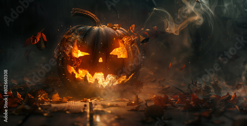 Halloween pumpkin with burning light on wooden table in dark room, emitting smoke with highly detailed foliage. © PHTASH