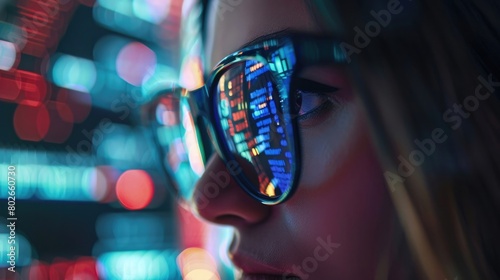 A close-up portrait of a woman whose glasses reflect the digital data she is observing photo