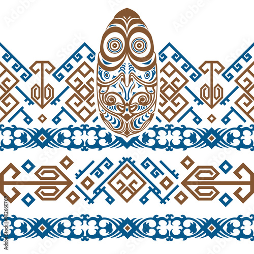 Pattern Tenun Ethnic Bird on Blue Brown Colour Scheme
