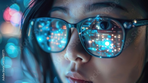 A close-up portrait of a woman whose glasses reflect the digital data she is observing