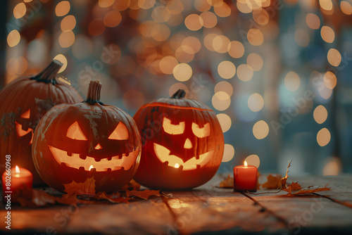 Halloween pumpkins with carved faces and candles on wooden table against blurred lights background, with copy space.