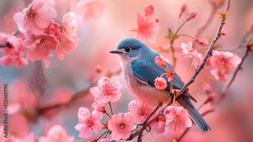 A portrait of a cute songbird sitting on pink cherry blossoms tree with a blurry backdrop for text or product advertisement, Generative AI.