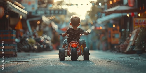 A little boy riding a pedal car on street among woods with a big space and blurry backdrop for text or product advertisement, Generative AI. photo