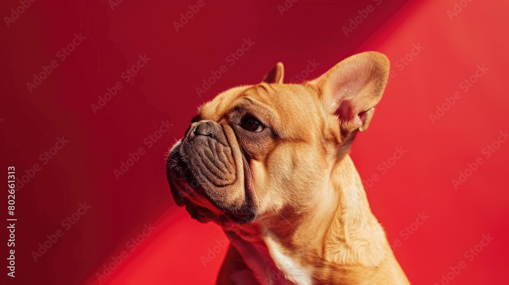 A yellow Bulldog dog with its head raised, the background is red, with light and shadow, studio style 