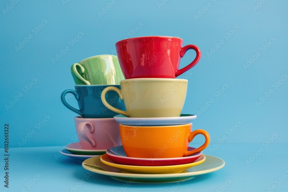Composition of bright colorful ceramic mugs stacked on round shaped saucer against blue background - generative ai Composition of bright colorful ceramic mugs stacked on round shaped saucer against blue background - generative ai