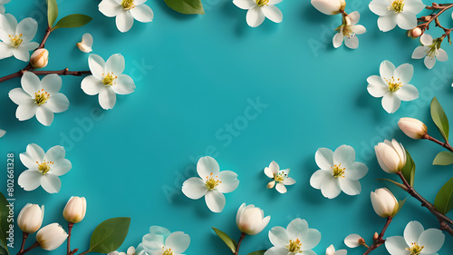 Beautiful spring nature background, lovely blossom, petal a on turquoise blue background , top view, frame. Springtime concept © Adi