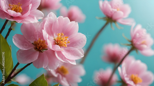 Beautiful spring nature background  lovely blossom  petal a on turquoise blue background   top view  frame. Springtime concept