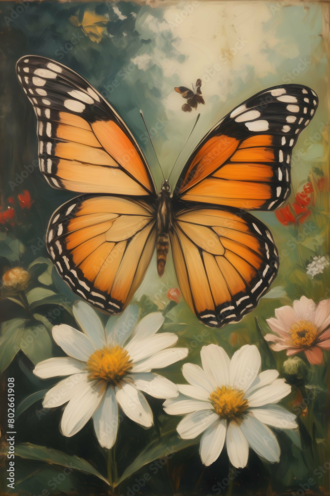 Fototapeta premium Vintage painting art, closeup butterfly in garden, vertical orientation
