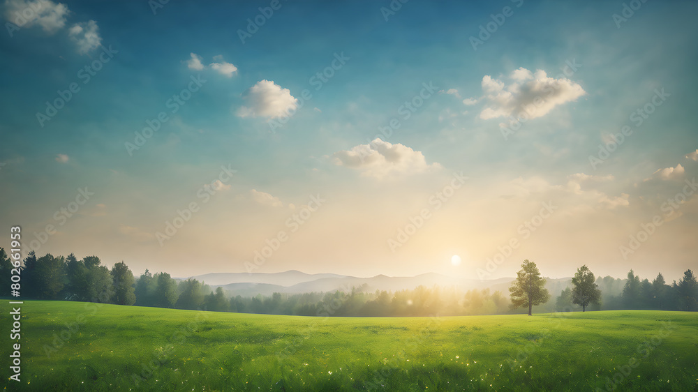 Beautiful sunny spring meadow with green grass and blue sky. Abstract background with light bokeh and space for text