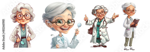funny old lady doctors funny poses on transparent background cutout, PNG file.