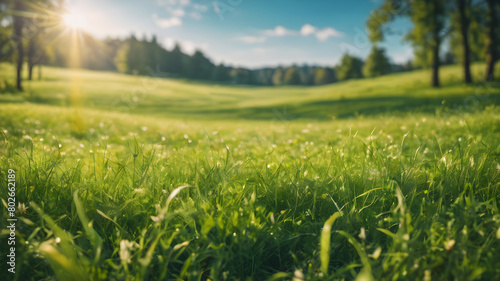 Beautiful sunny spring meadow with green grass and blue sky. Abstract background with light bokeh and space for text