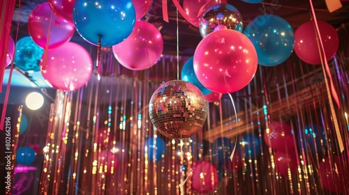 A decorated venue with streamers balloons and disco balls giving off a nostalgic feel for the adult prom theme. © Justlight