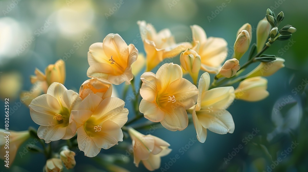 A close shot of a bunch of Garden Freesias against a blurry nature backdrop with big space for text or product background, Generative AI.