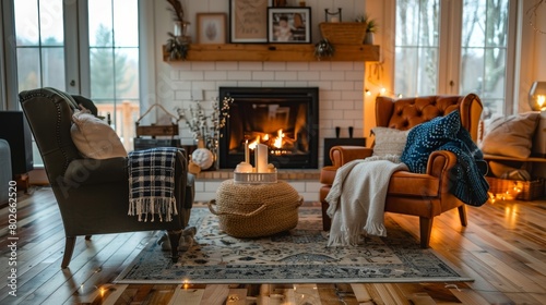 With a plush rug and comfortable armchairs nearby this fireplace invites you to snuggle up and unwind in this charming farmhouse living room. 2d flat cartoon.