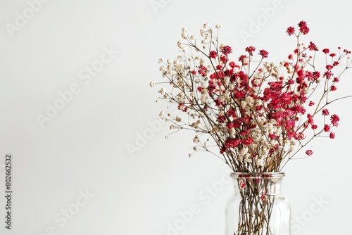 Bouquet of dried and wilted red Gypsophila flowers in vase on white background