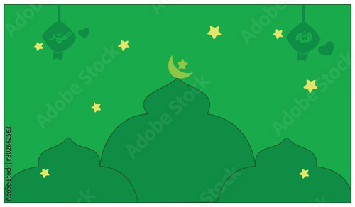 Green background illustration with crescent moon and stars. Background with a religious theme. Suitable for use as part of the design elements for celebrating religious holidays.