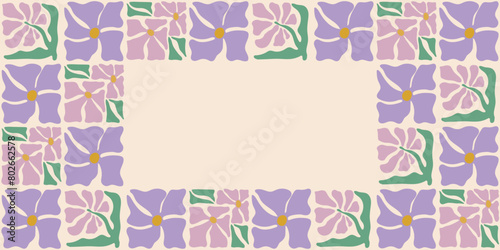 Colorful retro style rectangular frame featuring lavender flowers. Vintage style hippie clipart element design collection. Hand drawn nature collage, summer blank template with flowers.