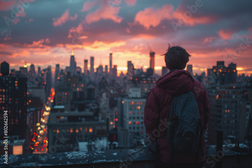 Rooftop Hangout - City Skyline  Generate an image of a young man hanging out on a rooftop with friends  dressed in stylish urban wear  enjoying the city skyline and the rooftop vibe.