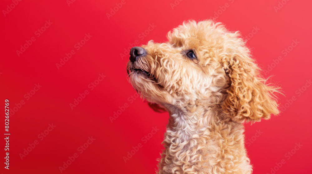 A yellow Poodle Dog with its head raised, the background is red, with light and shadow, studio style