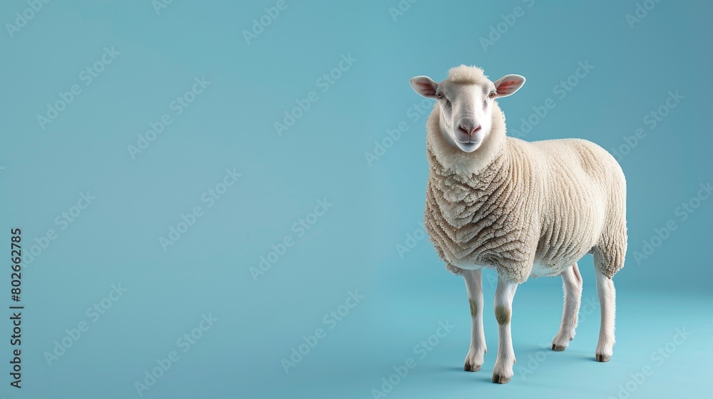 a white sheep isolated on blue studio background with space for text a white sheep isolated on blue studio background with space for text