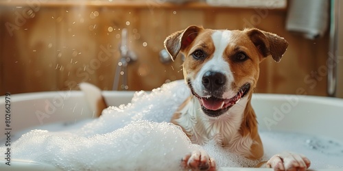 Portrait of a dog having bath in bath tub with bubbles and blurry backdrop for text or product advertisement background, Generative AI.