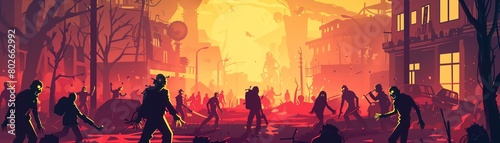 Zombie apocalypse scene in 2D vector style, featuring multiple zombies in a desolate urban setting, great for game backgrounds