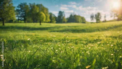 Beautiful sunny spring meadow with green grass and blue sky. Abstract background with light bokeh and space for text