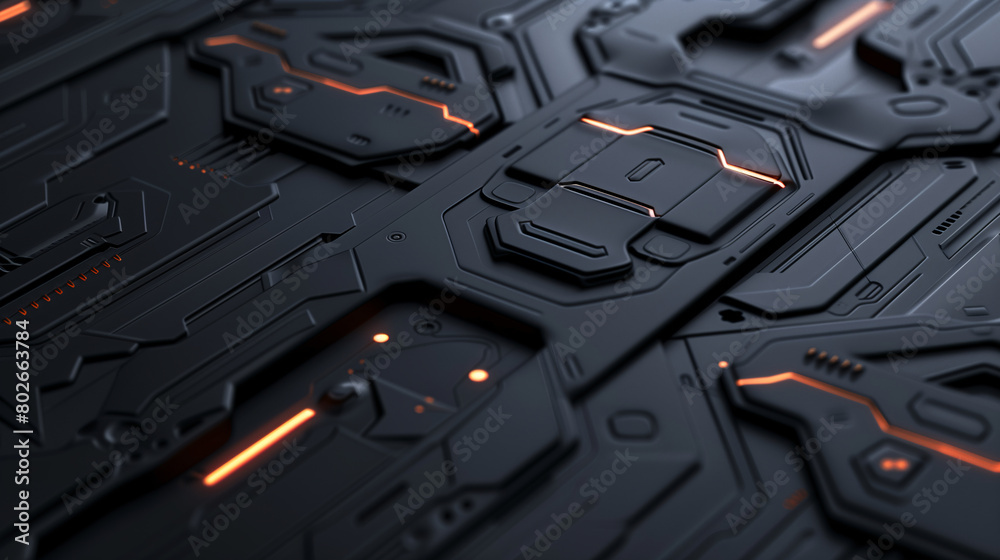 Abstract futuristic texture background concept design for high-technology interface presentation. Minimal details of a low relief 3d elements in rigid black color and glowing neon orange light lines. Abstract futuristic texture background concept design for high-technology interface presentation. Minimal details of a low relief 3d elements in rigid black color and glowing neon orange light lines.