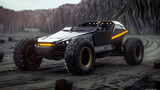 Minimalist forest off-road vehicle with polygonal elements, sharp edges, and professional industrial design lighting