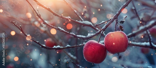 Two apples of Christmas and stars on the naked branches of the winter garden. Gloomy holiday season. Blank area for text. photo