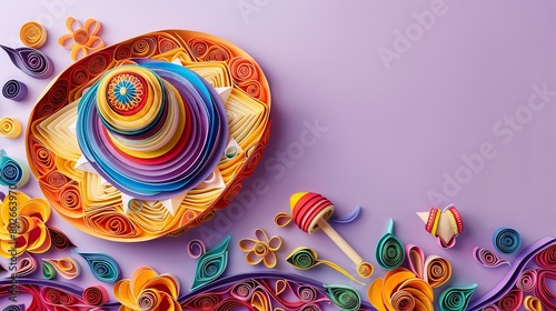 Top view of a paper quilling art of Mexican sombrero with different type of vibrant colors and big space for text or product advertisement on a clean purple surface, Generative AI. photo