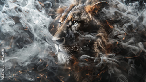 A lion, ideal for dreamscape portraiture with a gigantic scale. Perfect as wallpaper or wall poster background for design.