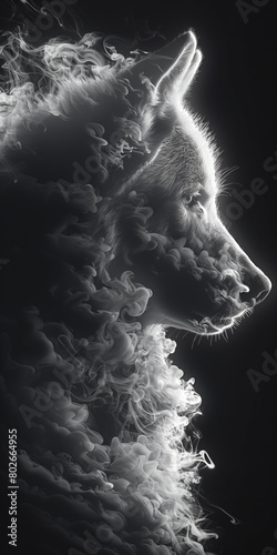 A wolf emerging from smoke fade against a black background, perfect for dreamscape portraiture with a gigantic scale. Ideal as wallpaper or wall poster background for design.