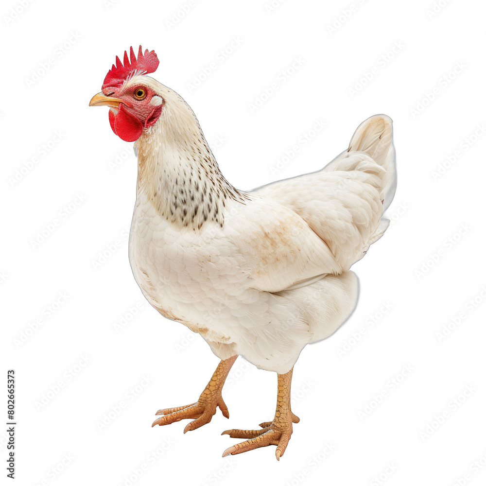 Fototapeta premium A white chicken with a red comb stands on a white background