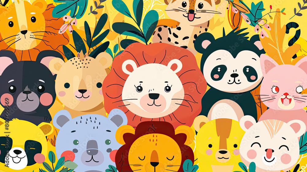 Obraz premium background is surrounded with animals like lion, cat, panda, dog, colored