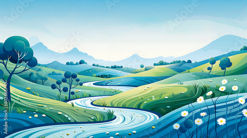 green landscape with mountains and river